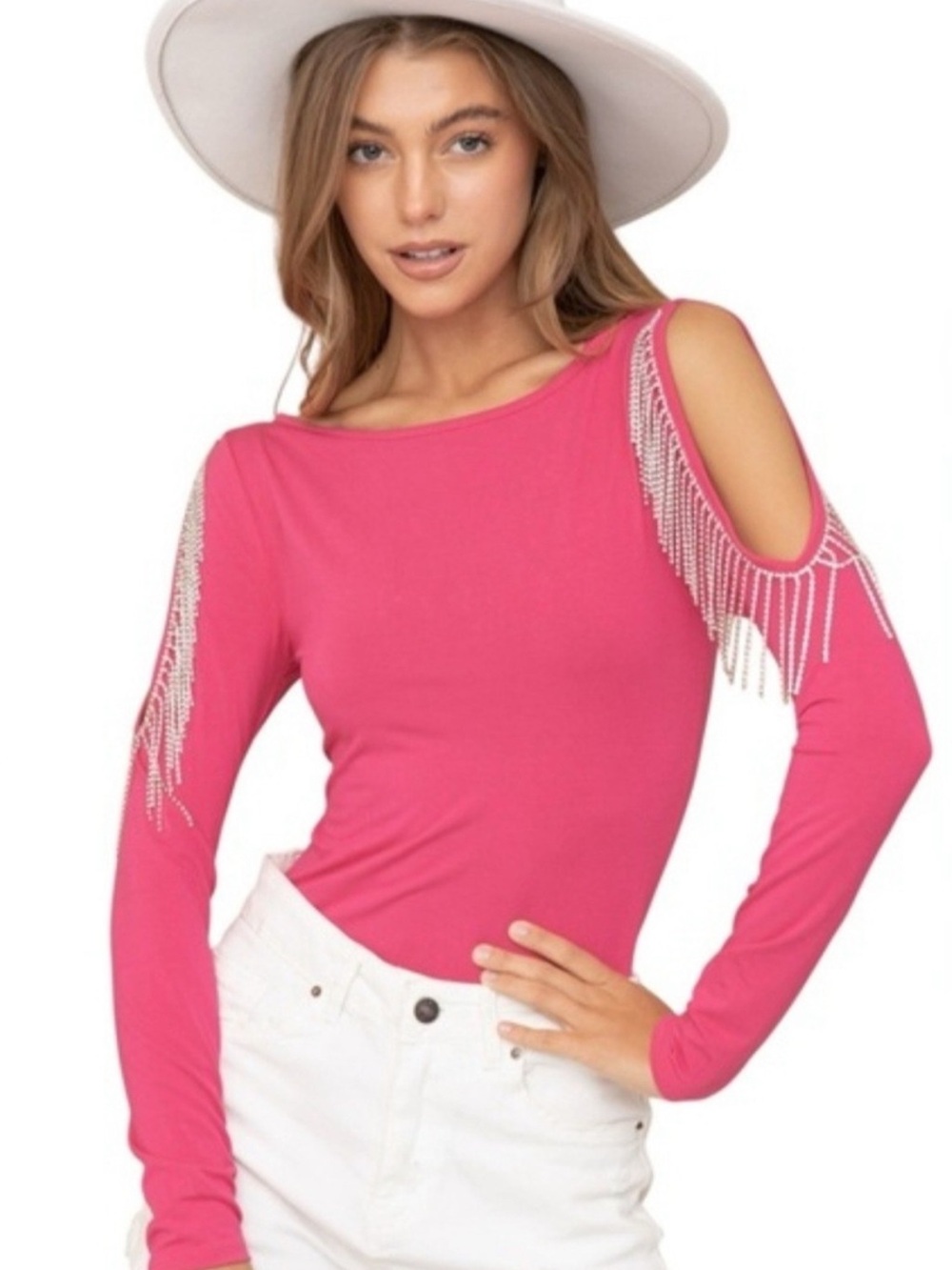 White Cold-Shoulder Rhinestone Fringe Long-Sleeve Top